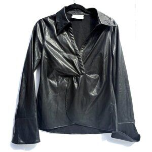Women’s Six/Fifty Black Faux Leather Wrap Top, Bell Sleeves, Large